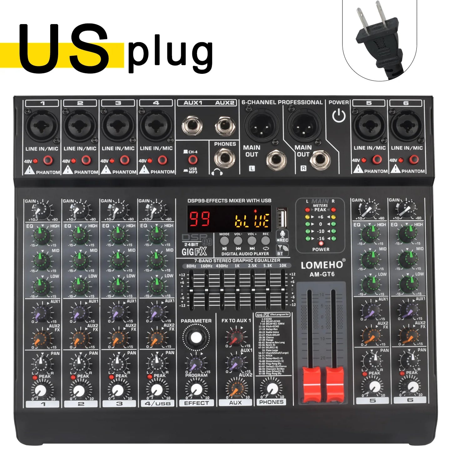 Lomeho 6 Channels Mixing Console Mono 99 Digital Effect USB Sound Table Record Bluetooth 48V 2 AUX Audio Mixer Dj Karaoke AM-GT6