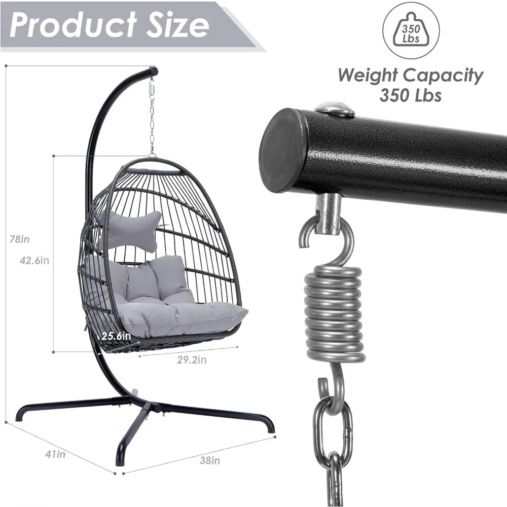 Swing Egg Chair Outdoor Indoor, Patio Wicker Hanging Egg Chairs with Stand, Swinging Hammock with Padded Cushions,