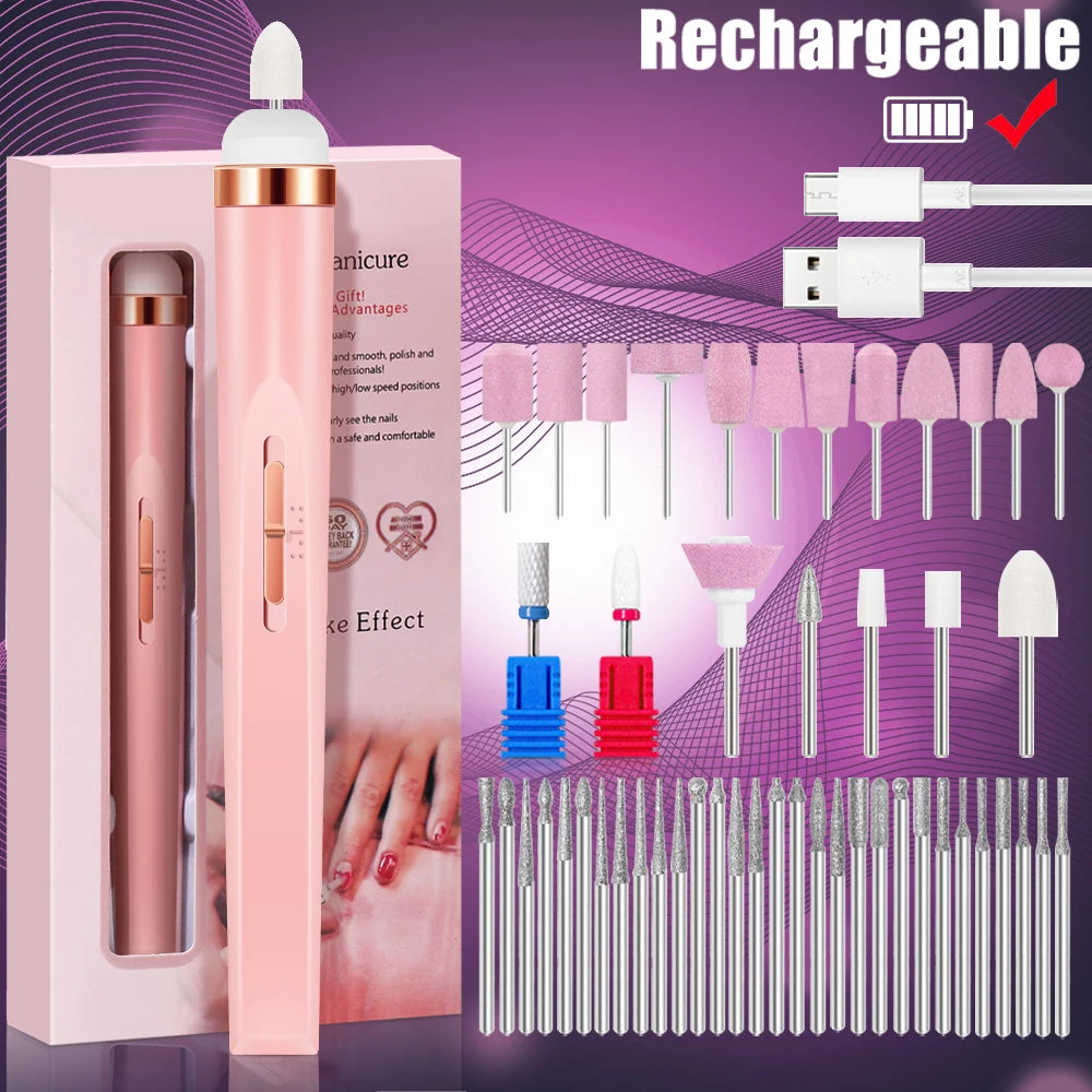 LULAA Portable Nail File Care Electric Nail Drill with 5 Attachment Drill Bits USB Charge for Manicure and Pedicure Tools