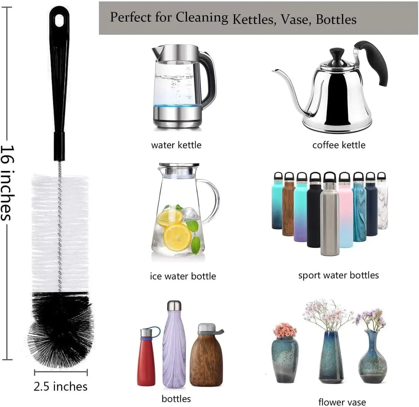 8-Pack Bottle Cleaning Brush Set - Long Handle Black Bottle Cleaner for Washing