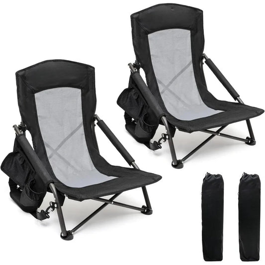 Folding Low Camping Beach Chair 2 Pack, Lightweight Portable Lawn Chair with Mesh Back, Cup Holder for Outdoor/Travel/Picnic