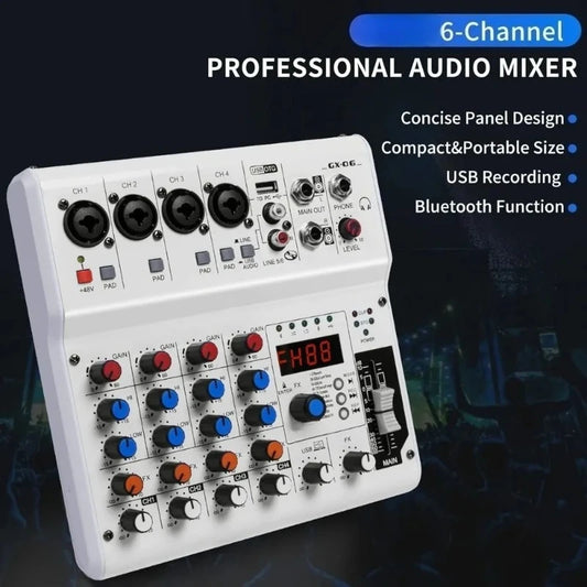 NEW 6-Channel Audio Mixer with 99 Sound Effects for PC,Portable Sound Mixing Console with Bluetooth USB Recording Input