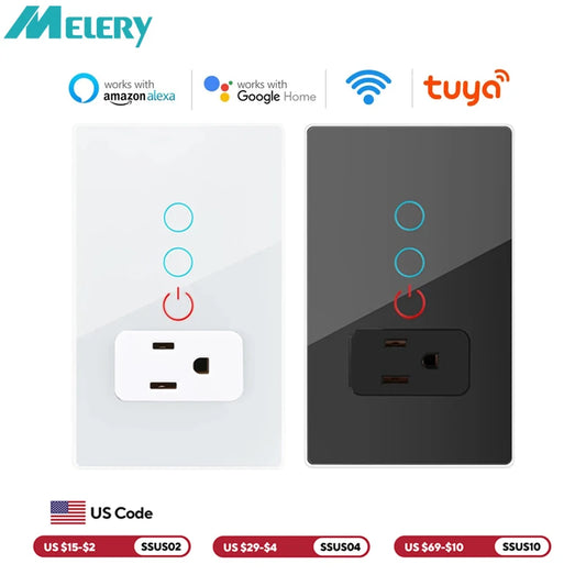 Melery Mexico Plug Wifi Smart Tuya Light Switch Intelligent US Wall Socket Outlet Touch Glass Panel Remote Alexa Google Home