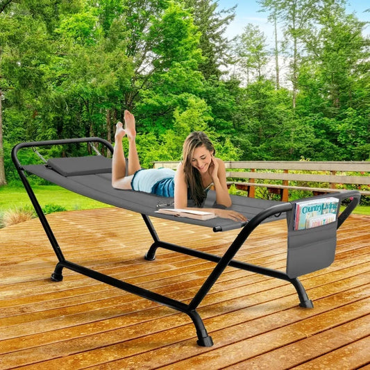 Cozy Hammock Bed- Patio Hammock with Stand w/Pillow and Storage Pockets- Heavy Duty 500lbs Support- Durable Outdoor Hammo