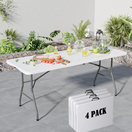 Folding Table 6FT, No Assembly Required Outdoor Picnic Table Thickened HDPE Panel, Office Foldable Table with Handle & Lock for
