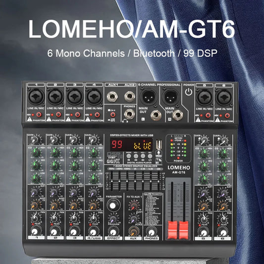 Lomeho 6 Channels Mixing Console Mono 99 Digital Effect USB Sound Table Record Bluetooth 48V 2 AUX Audio Mixer Dj Karaoke AM-GT6
