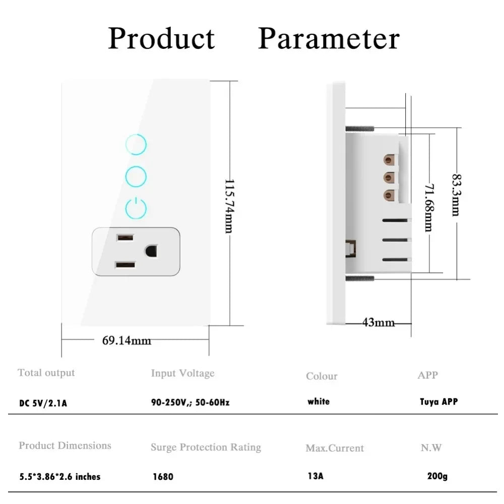 Melery Mexico Plug Wifi Smart Tuya Light Switch Intelligent US Wall Socket Outlet Touch Glass Panel Remote Alexa Google Home