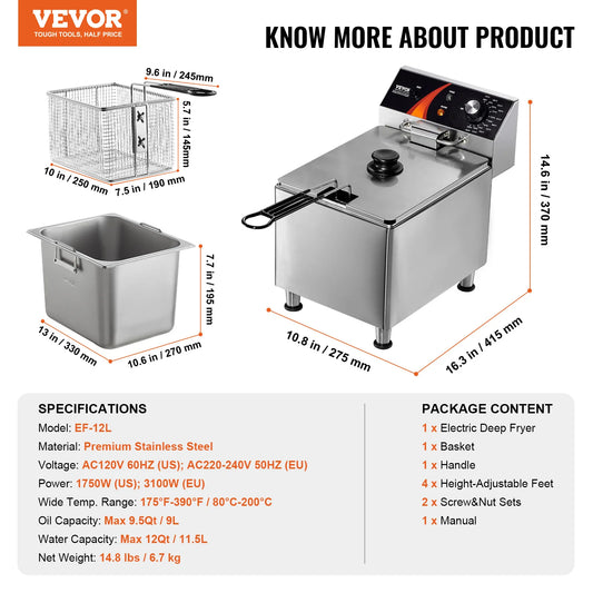VEVOR Commercial Deep Fryer Electric Countertop Fryer with Basket 11.6Qt Stainless Steel Single Oil Fryer w/Time & Temp Control