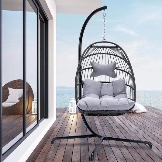 Swing Egg Chair Outdoor Indoor, Patio Wicker Hanging Egg Chairs with Stand, Swinging Hammock with Padded Cushions,