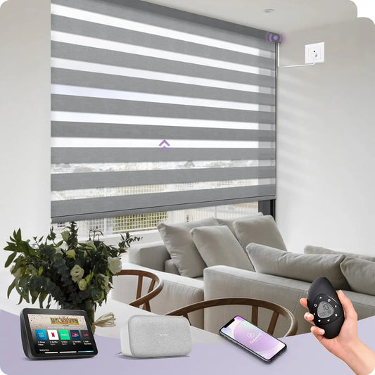 Motorized Zebra Blinds Compatible with Alexa Google WiFi Hardwired Smart Horizontal Window Blind Remote Control Light Filtering