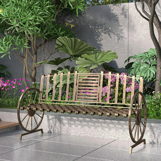 Outdoor Bench Patio Outdoor Garden Bench with Built-in Table, Wagon Wheel Arms, 3 People Outdoor Bench Garden Bench Front Porch